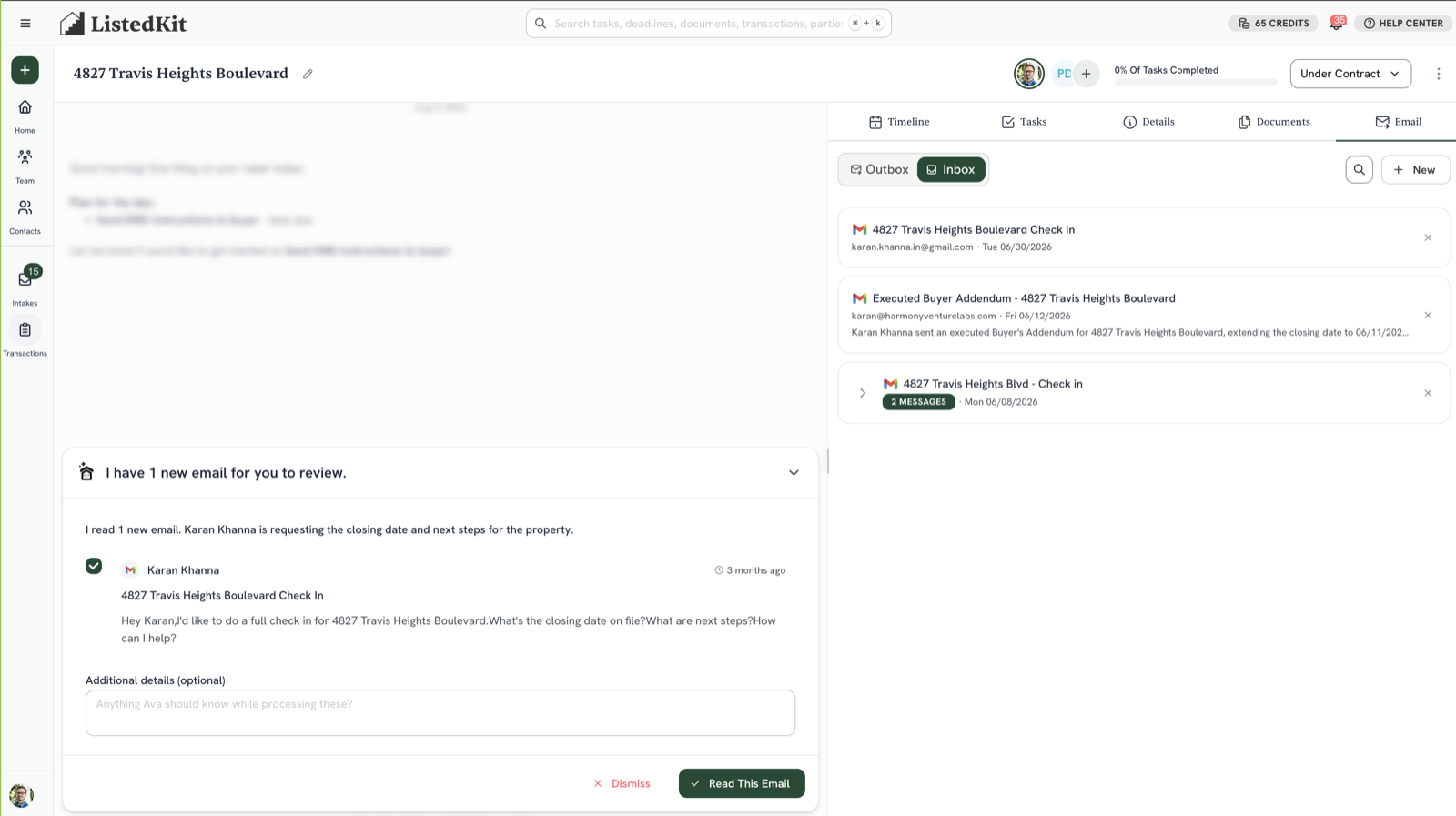 ListedKit's Ava reviewing a new deal email in the transaction inbox